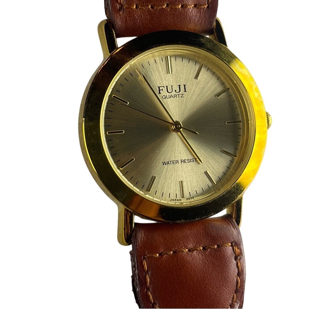Fuji‎ Quartz Gold-Tone Brown Leather Watch